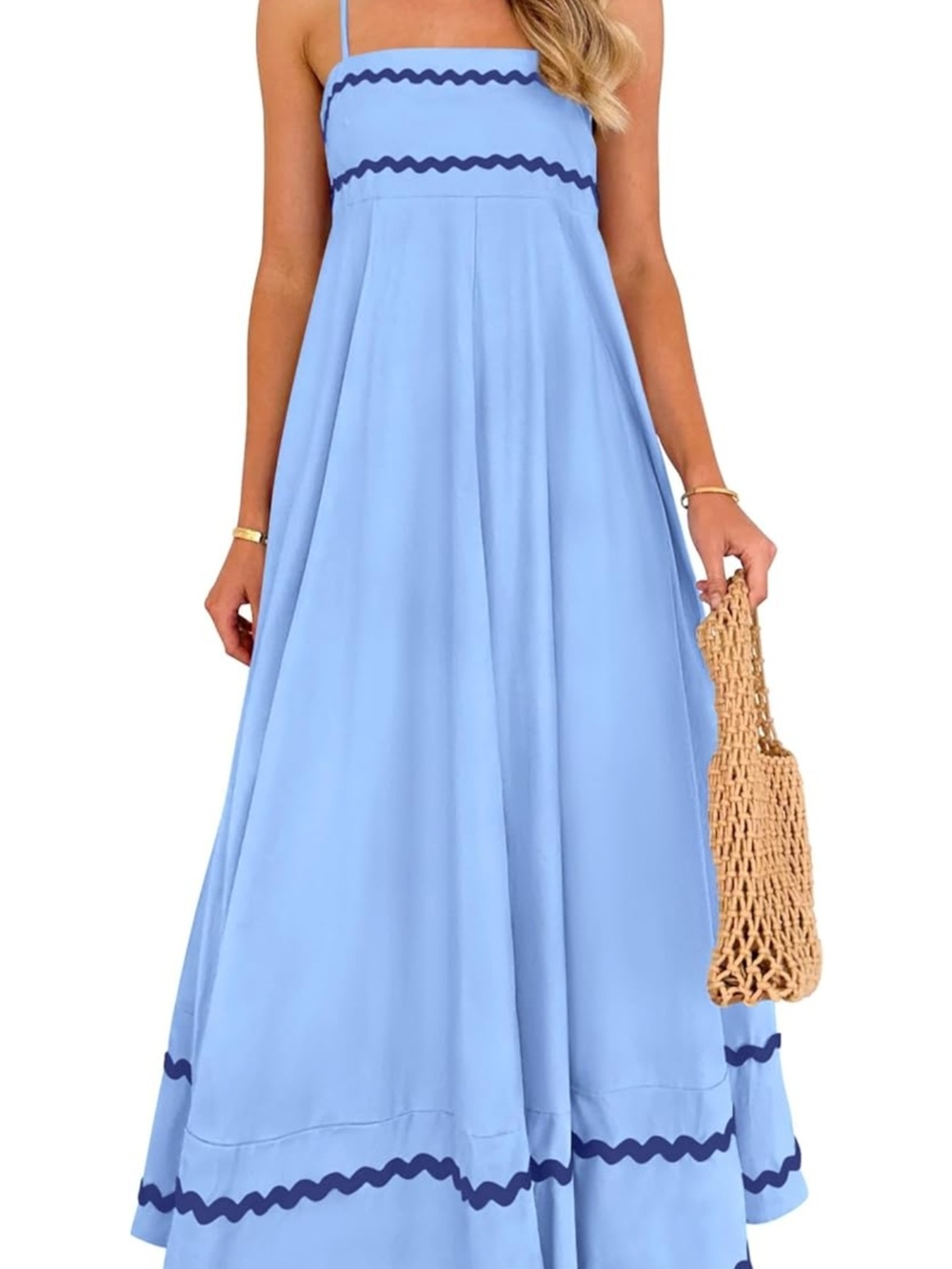 Light Blue Maxi Dress with Navy Trim - Picture 4 of 5